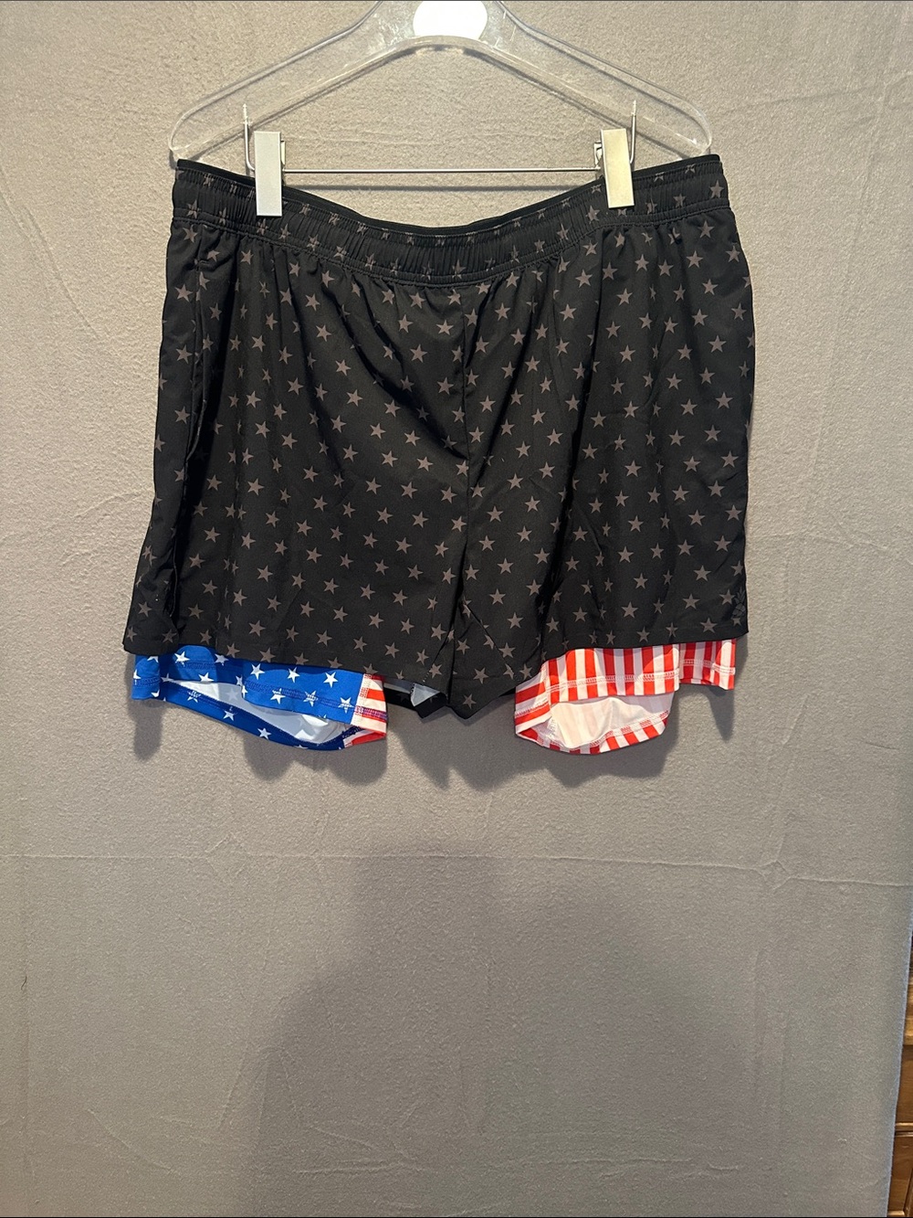 Black Star Print Athletic Shorts with Flag Liner